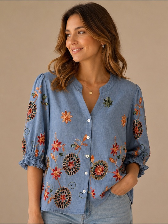Parami Design Tops - Parami Design Embroidered Floral Chambray Blouse Boho Puff Sleeve XL